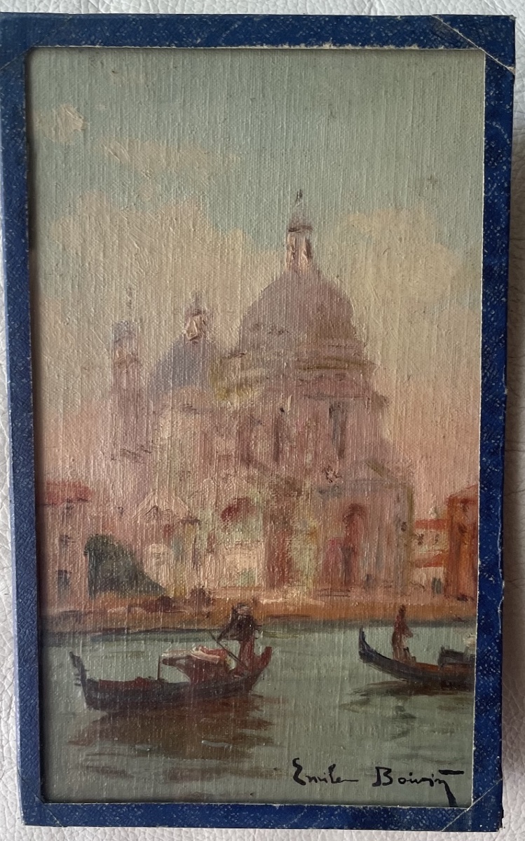 Émile Boivin – Venise et ses gondoles – Toile marouflée sur panneau, signée
