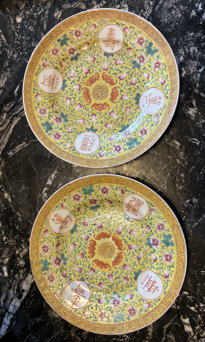 Paires Assiette en porcelaine chinoise à décor famille jaune 
