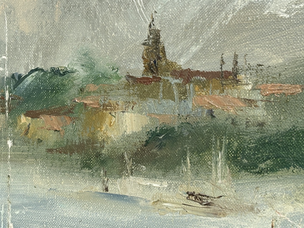 Michel Calvet – Huile sur toile « Port animé aux bateaux » – Tableau signé, marine-photo-3