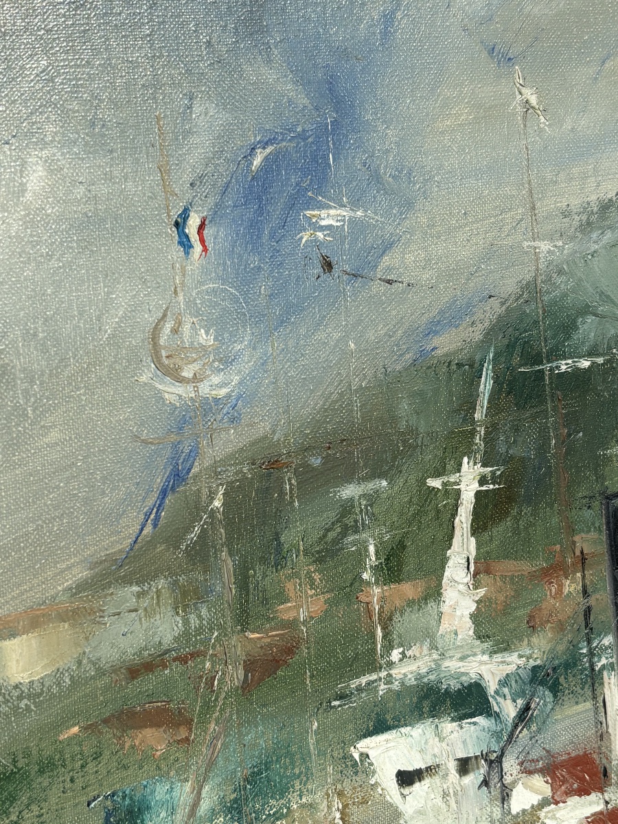 Michel Calvet – Huile sur toile « Port animé aux bateaux » – Tableau signé, marine-photo-1