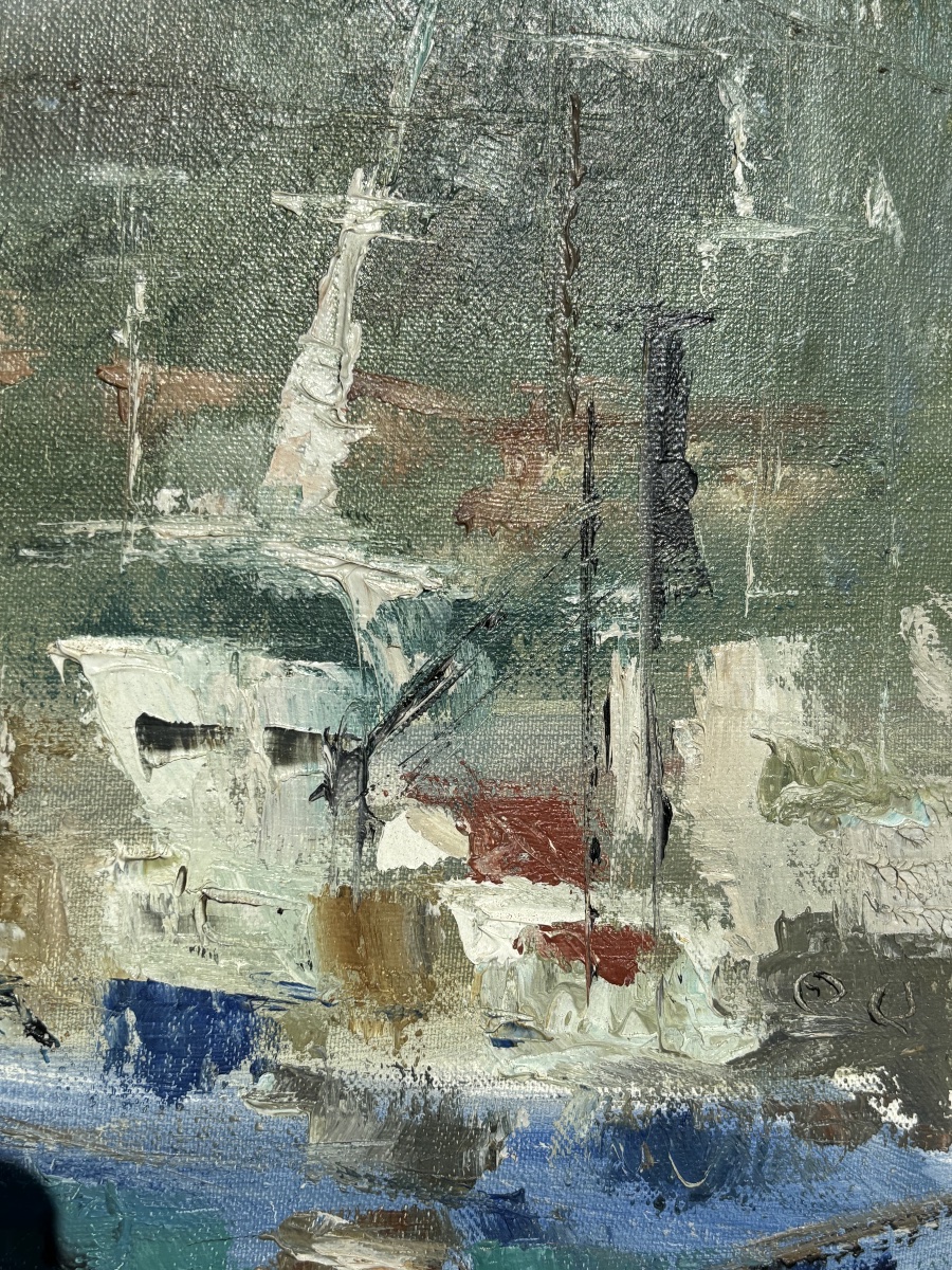 Michel Calvet – Huile sur toile « Port animé aux bateaux » – Tableau signé, marine-photo-2