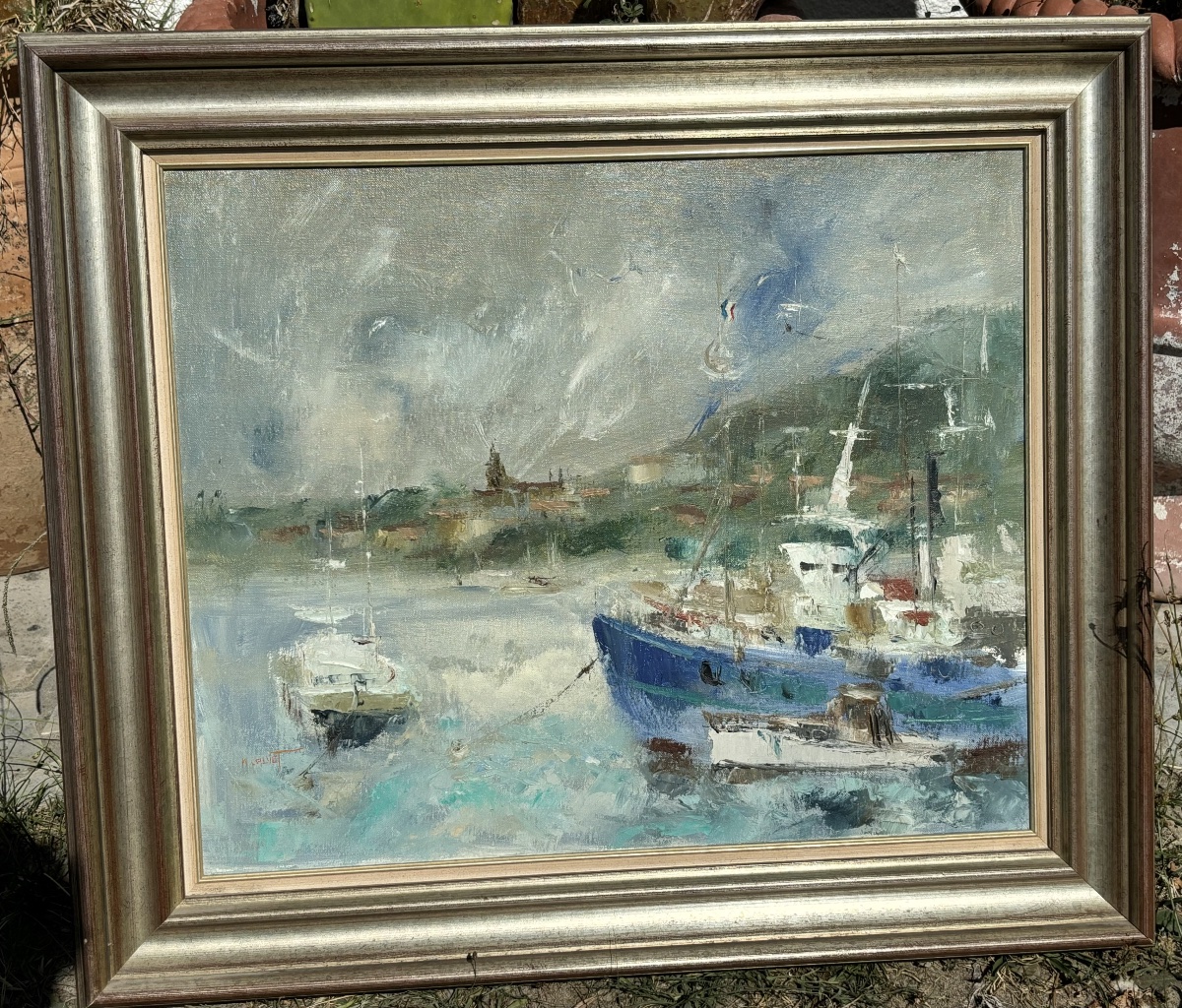 Michel Calvet – Huile sur toile « Port animé aux bateaux » – Tableau signé, marine
