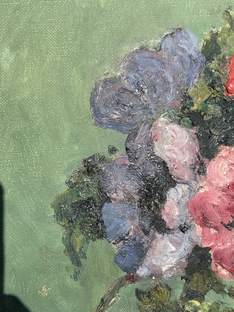 Nature morte aux anémones – Huile sur toile encadrée-photo-2