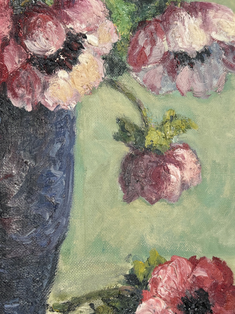 Nature morte aux anémones – Huile sur toile encadrée-photo-3