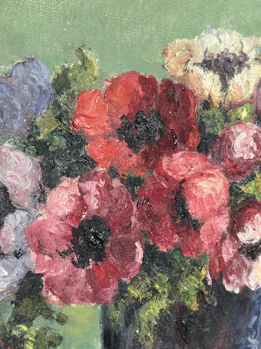 Nature morte aux anémones – Huile sur toile encadrée-photo-1