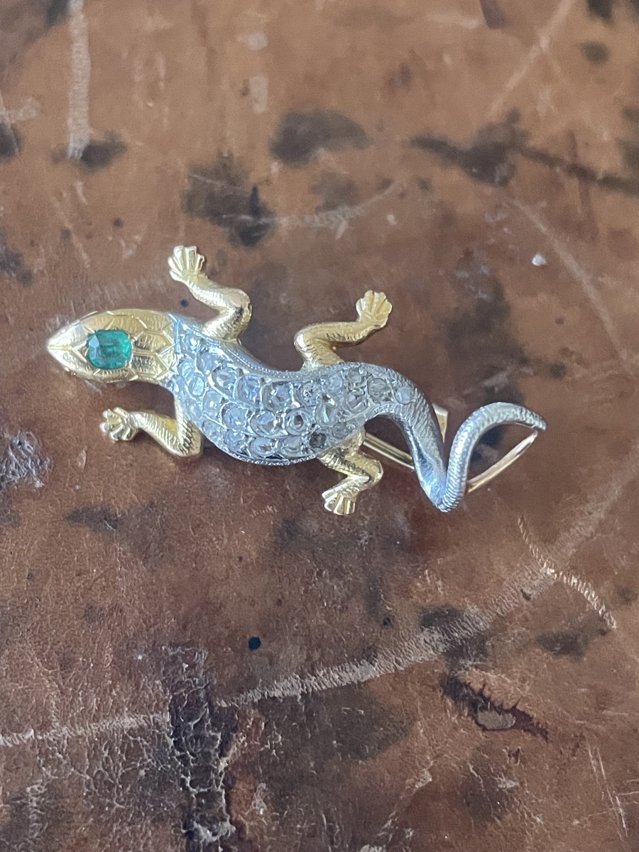 18-karat Two-tone Gold Lizard Brooch With Diamonds And An Emerald-photo-1