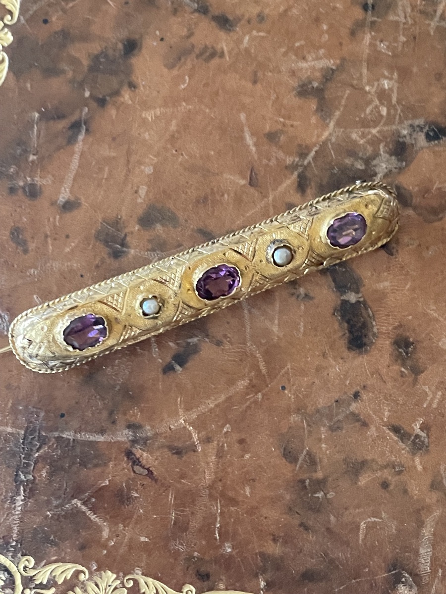 Antique 18-karat Gold Brooch With Amethysts And Fine Pearls – 19th Century-photo-4
