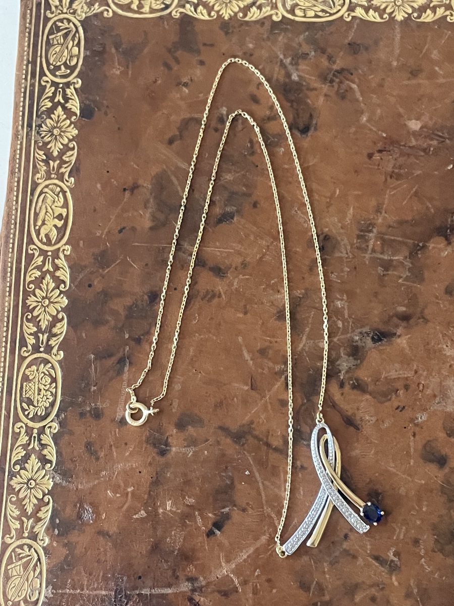 Collier en or 18 carats et or blanc, saphir et diamants – Design contemporain