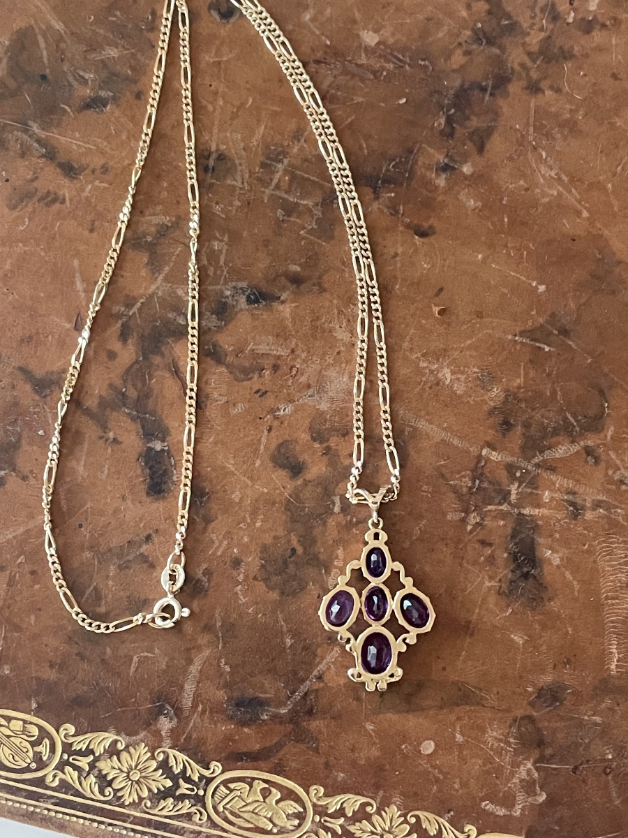 Vintage 18-karat Gold Necklace Set With Five Amethysts – Belle époque Pendant-photo-3