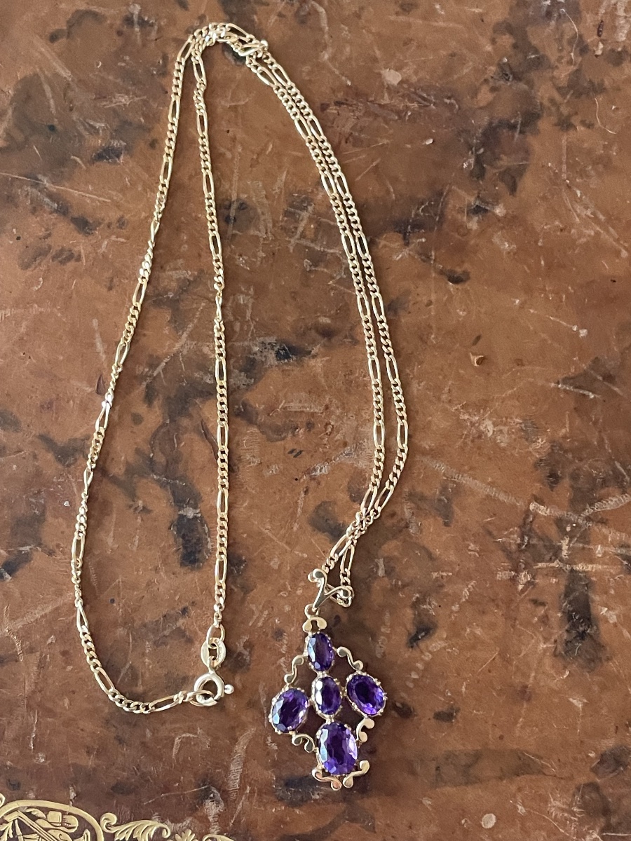 Vintage 18-karat Gold Necklace Set With Five Amethysts – Belle époque Pendant-photo-4