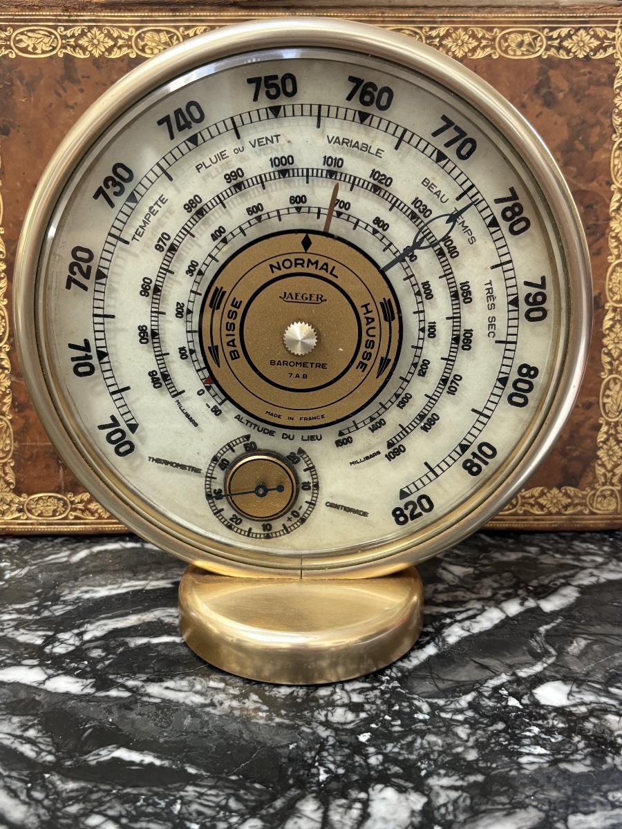 Antique Jaeger Brass Barometer With Thermometer -photo-2