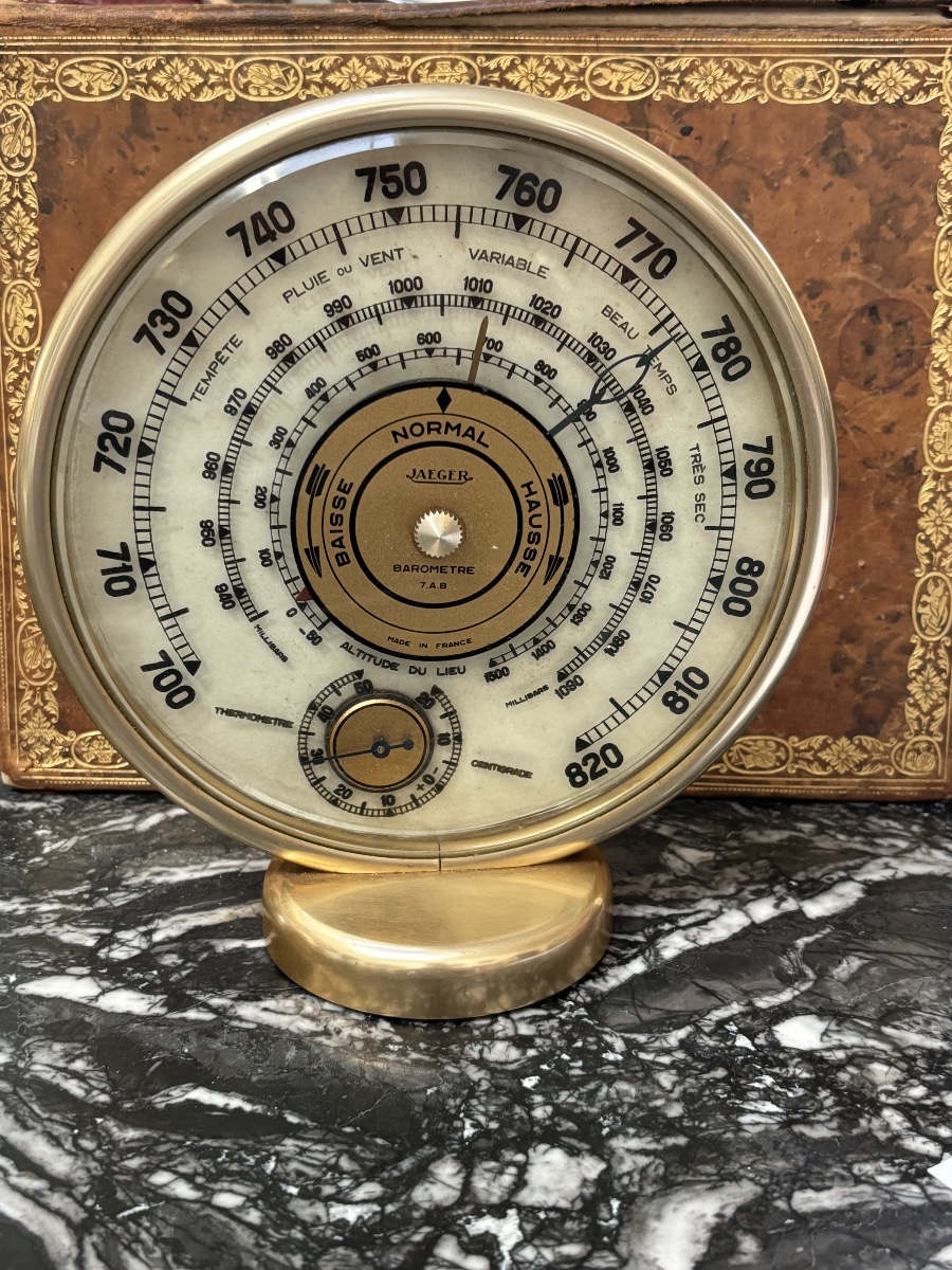 Antique Jaeger Brass Barometer With Thermometer 