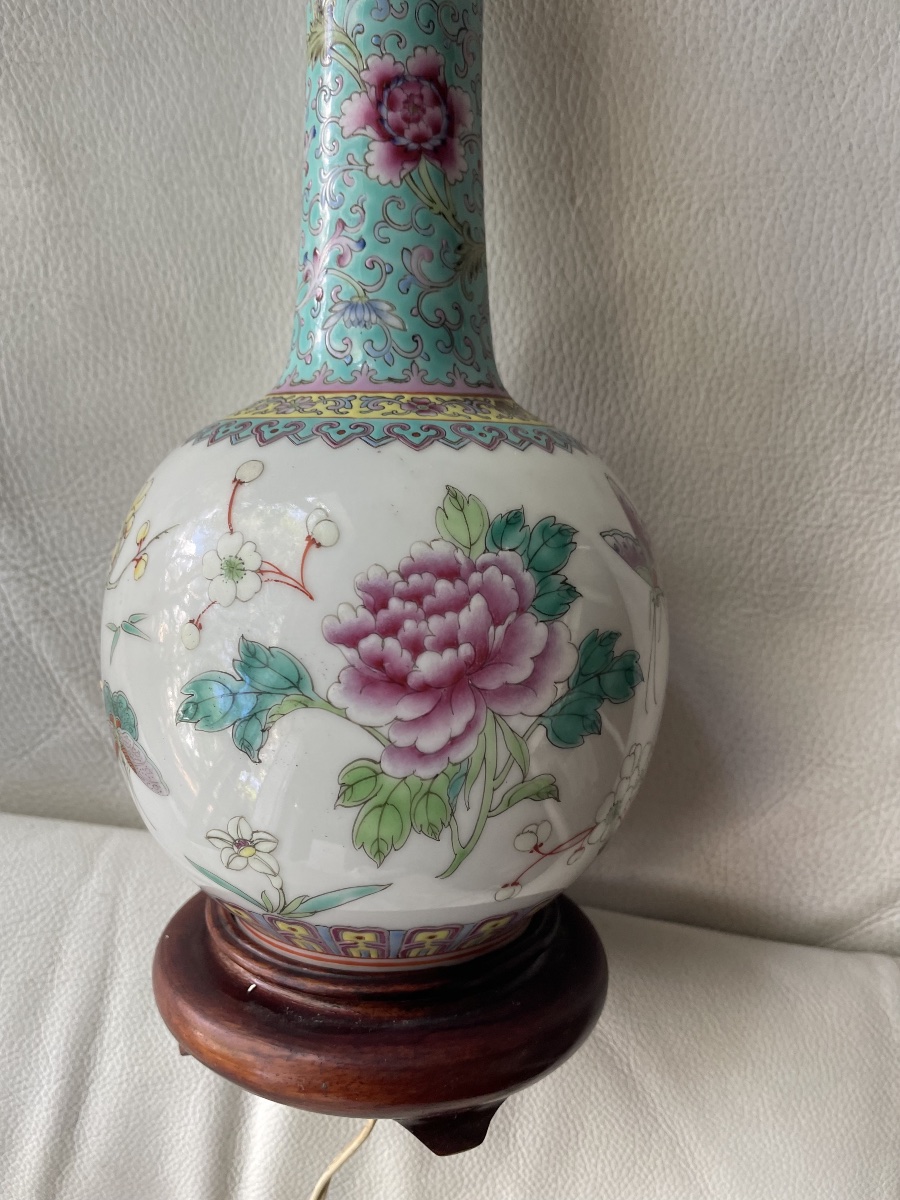 Famille Rose Chinese Porcelain Lamp Base – Polychrome Floral Design-photo-2