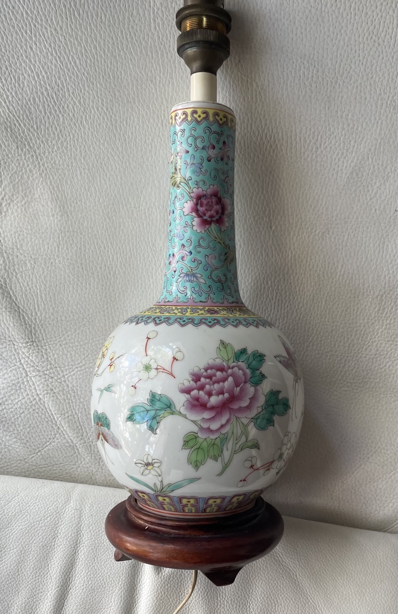 Famille Rose Chinese Porcelain Lamp Base – Polychrome Floral Design-photo-3