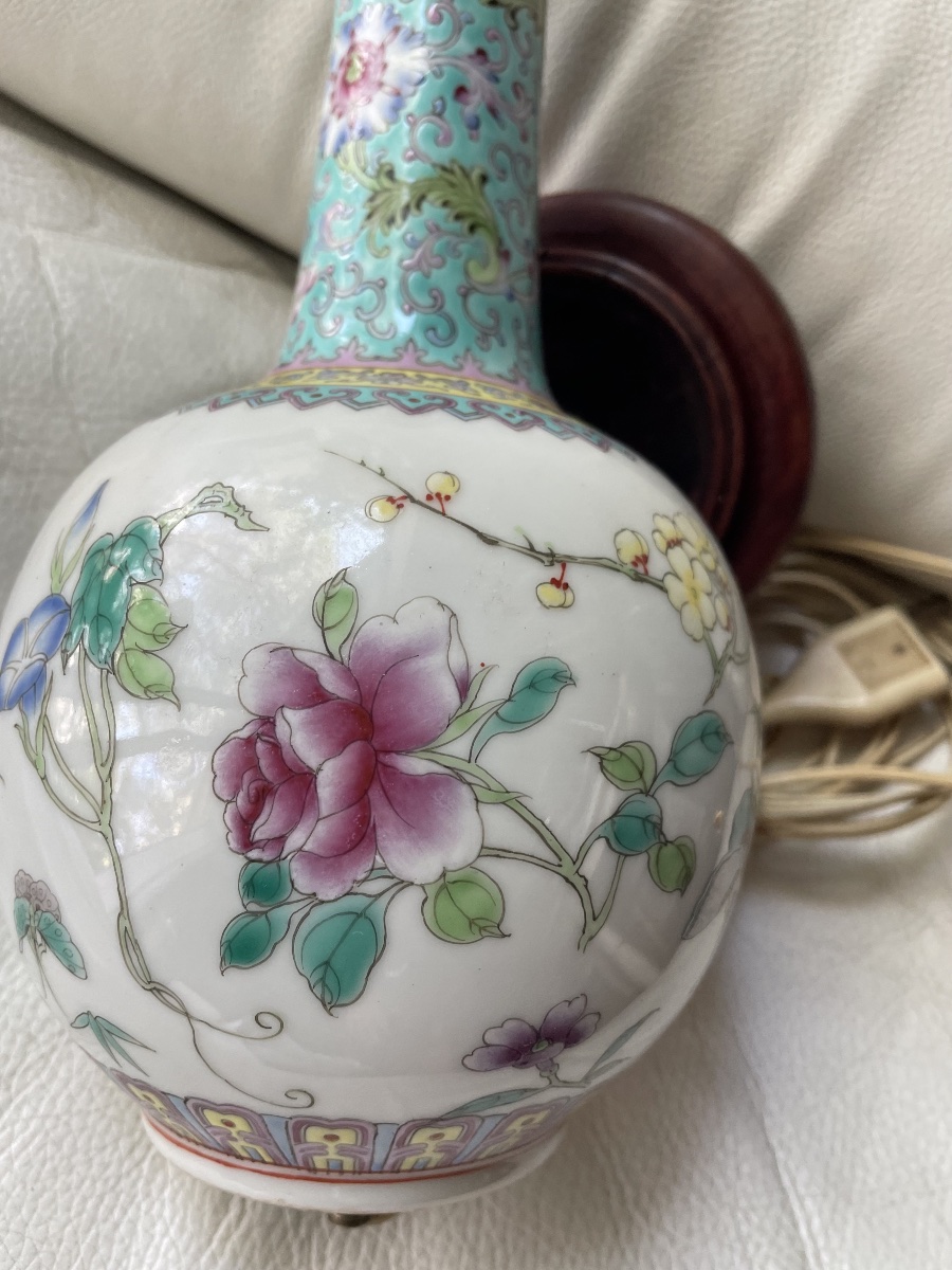 Famille Rose Chinese Porcelain Lamp Base – Polychrome Floral Design-photo-4