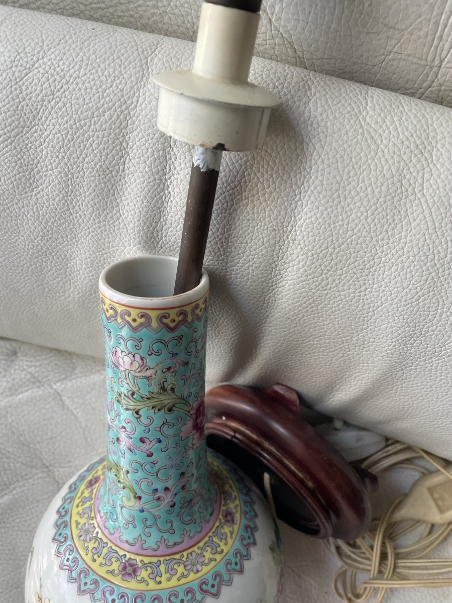 Famille Rose Chinese Porcelain Lamp Base – Polychrome Floral Design-photo-1