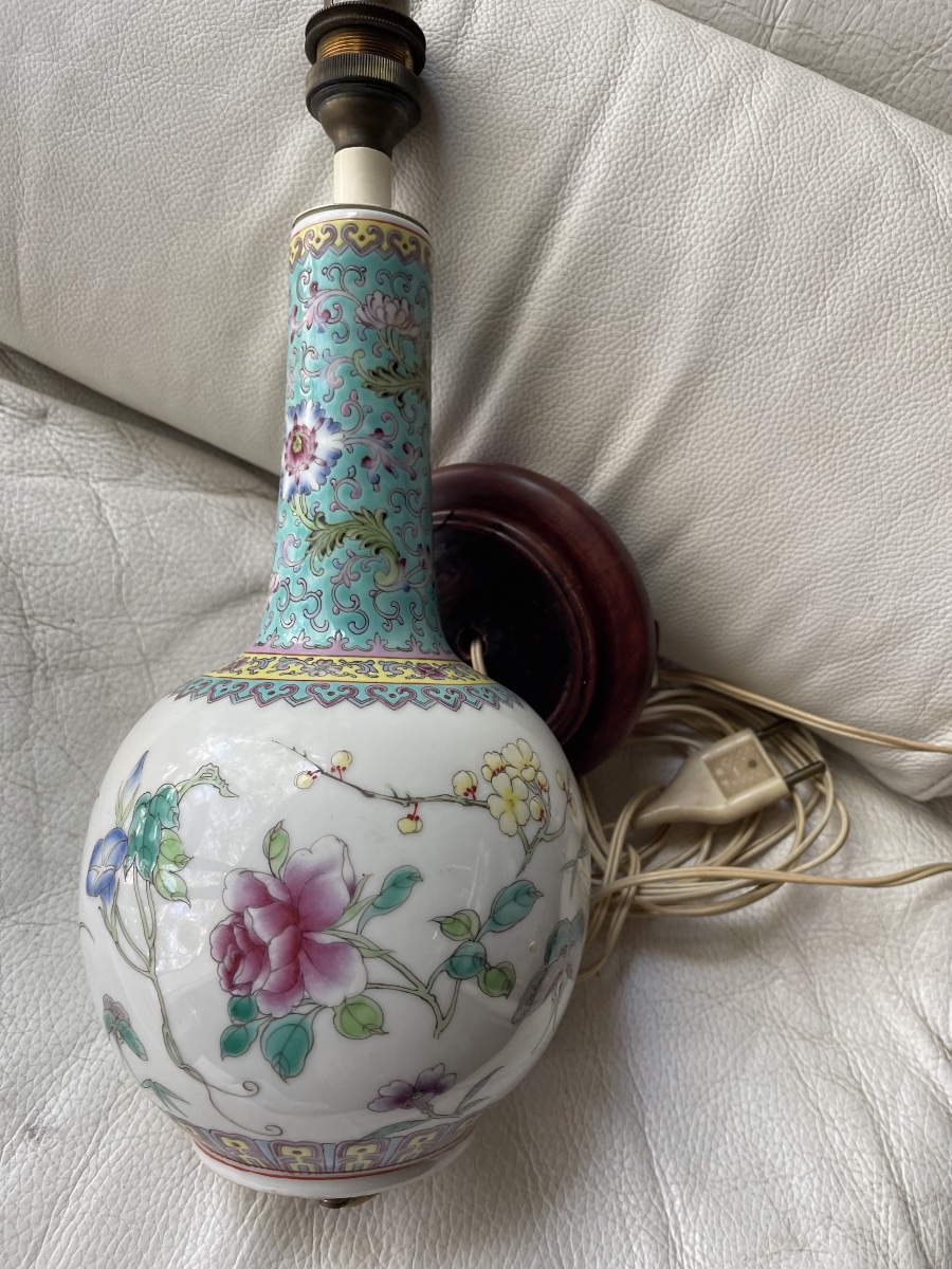 Famille Rose Chinese Porcelain Lamp Base – Polychrome Floral Design-photo-2