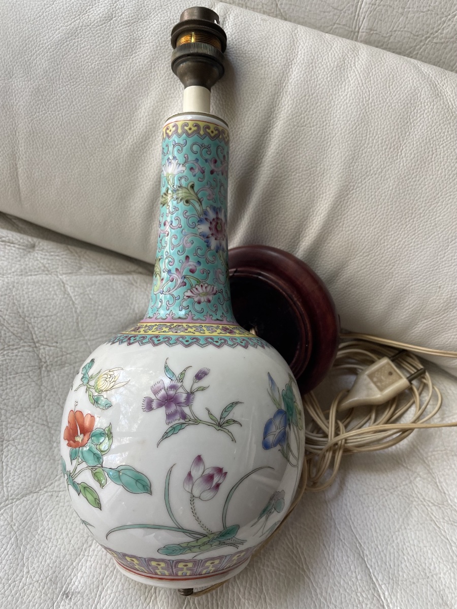 Famille Rose Chinese Porcelain Lamp Base – Polychrome Floral Design-photo-3