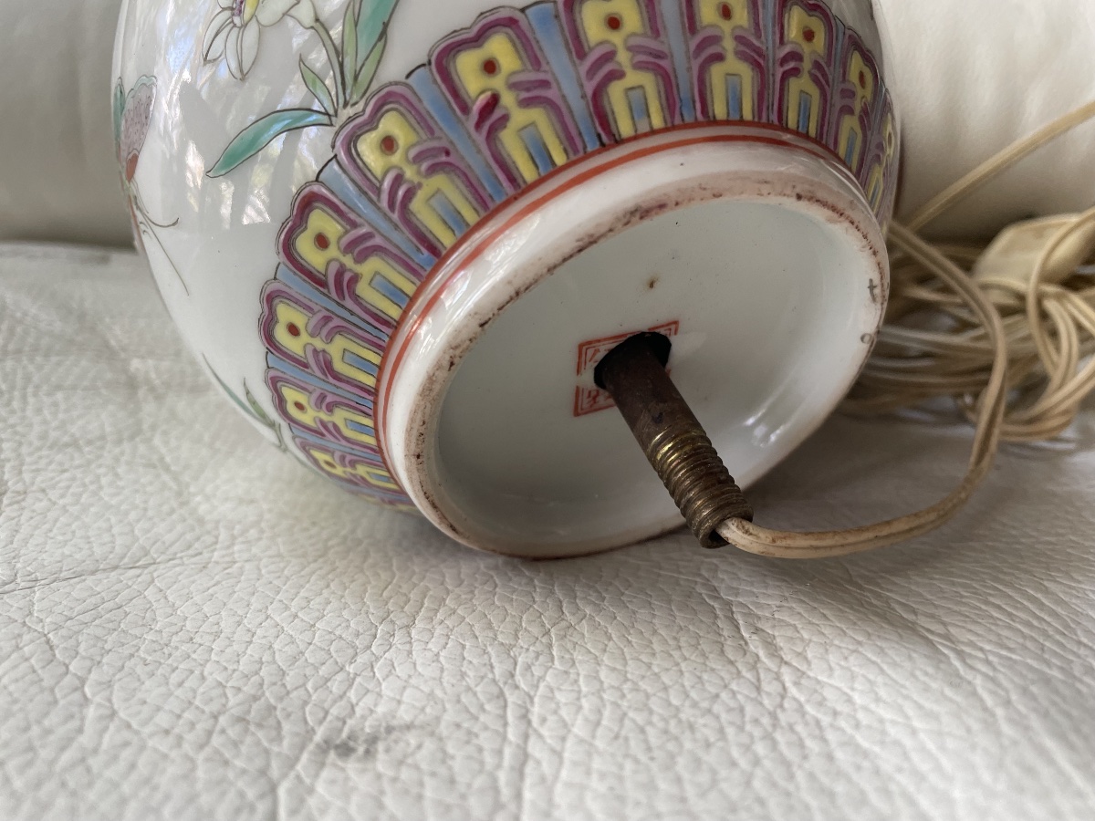 Famille Rose Chinese Porcelain Lamp Base – Polychrome Floral Design-photo-4