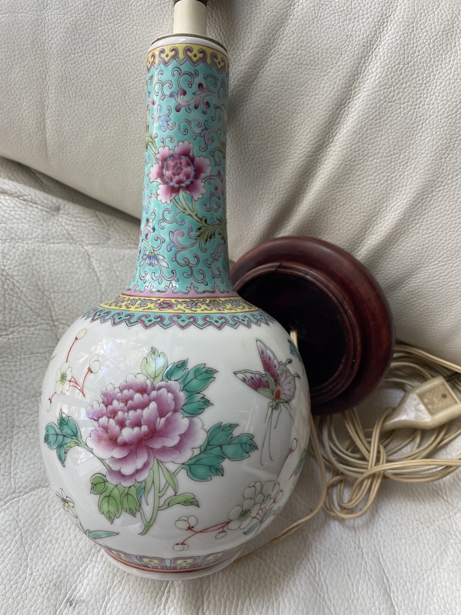Famille Rose Chinese Porcelain Lamp Base – Polychrome Floral Design-photo-6