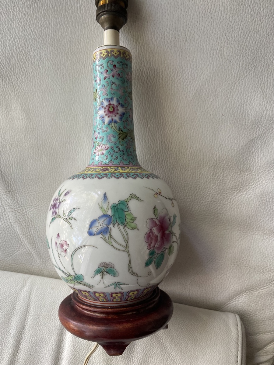 Famille Rose Chinese Porcelain Lamp Base – Polychrome Floral Design