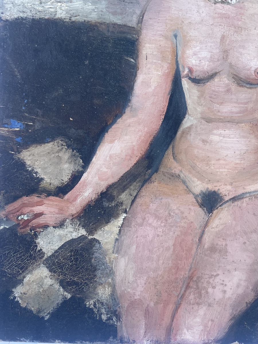 Huile sur panneau – Nu féminin assis – Signée Capon -photo-3
