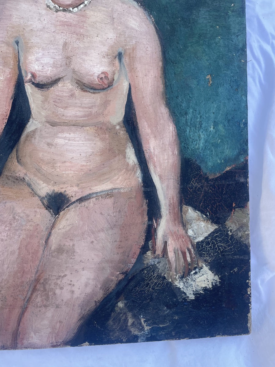 Huile sur panneau – Nu féminin assis – Signée Capon -photo-4