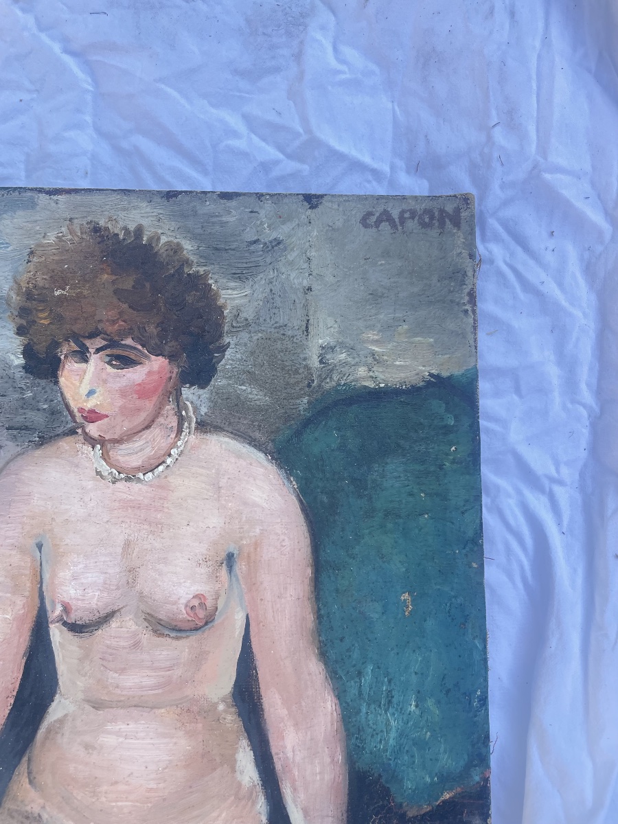 Huile sur panneau – Nu féminin assis – Signée Capon -photo-1