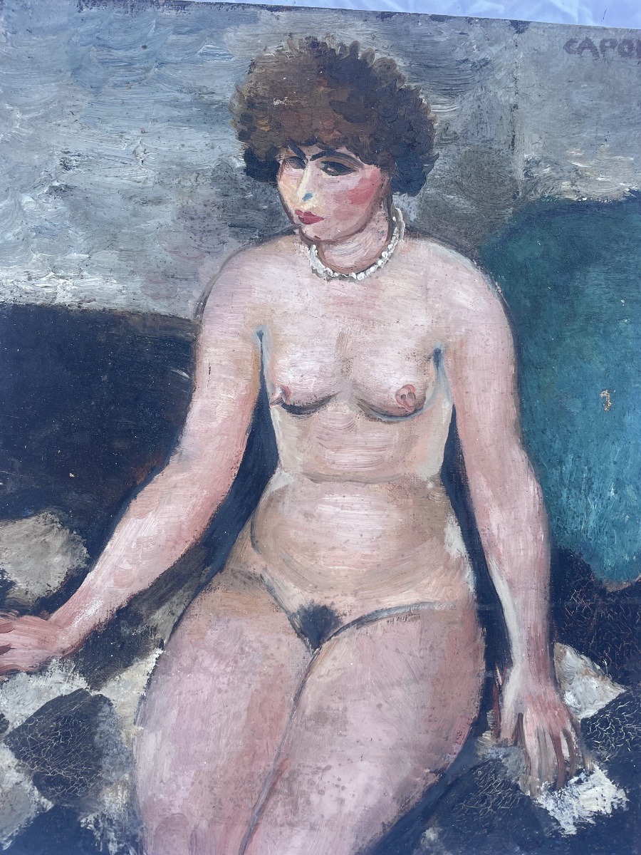 Huile sur panneau – Nu féminin assis – Signée Capon -photo-5