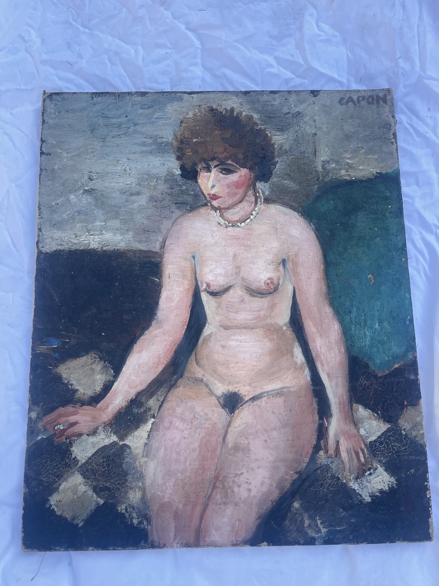 Huile sur panneau – Nu féminin assis – Signée Capon 