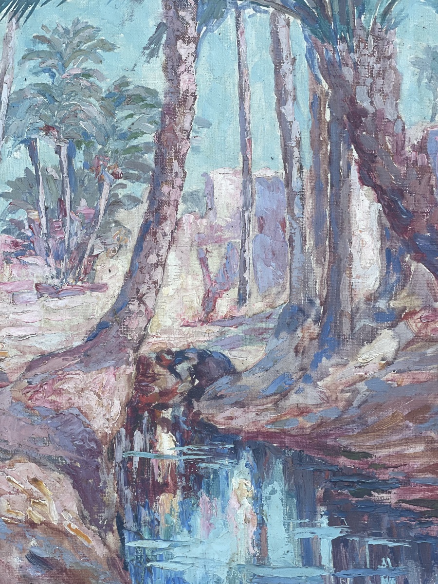 Achille Gaston Marchal – The Oasis – Oil On Canvas – Oriental Landscape -photo-3