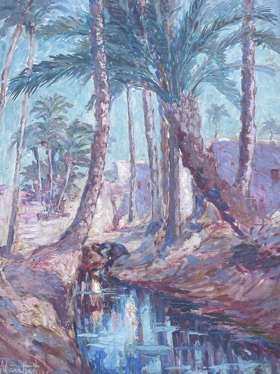 Achille Gaston Marchal – The Oasis – Oil On Canvas – Oriental Landscape -photo-4