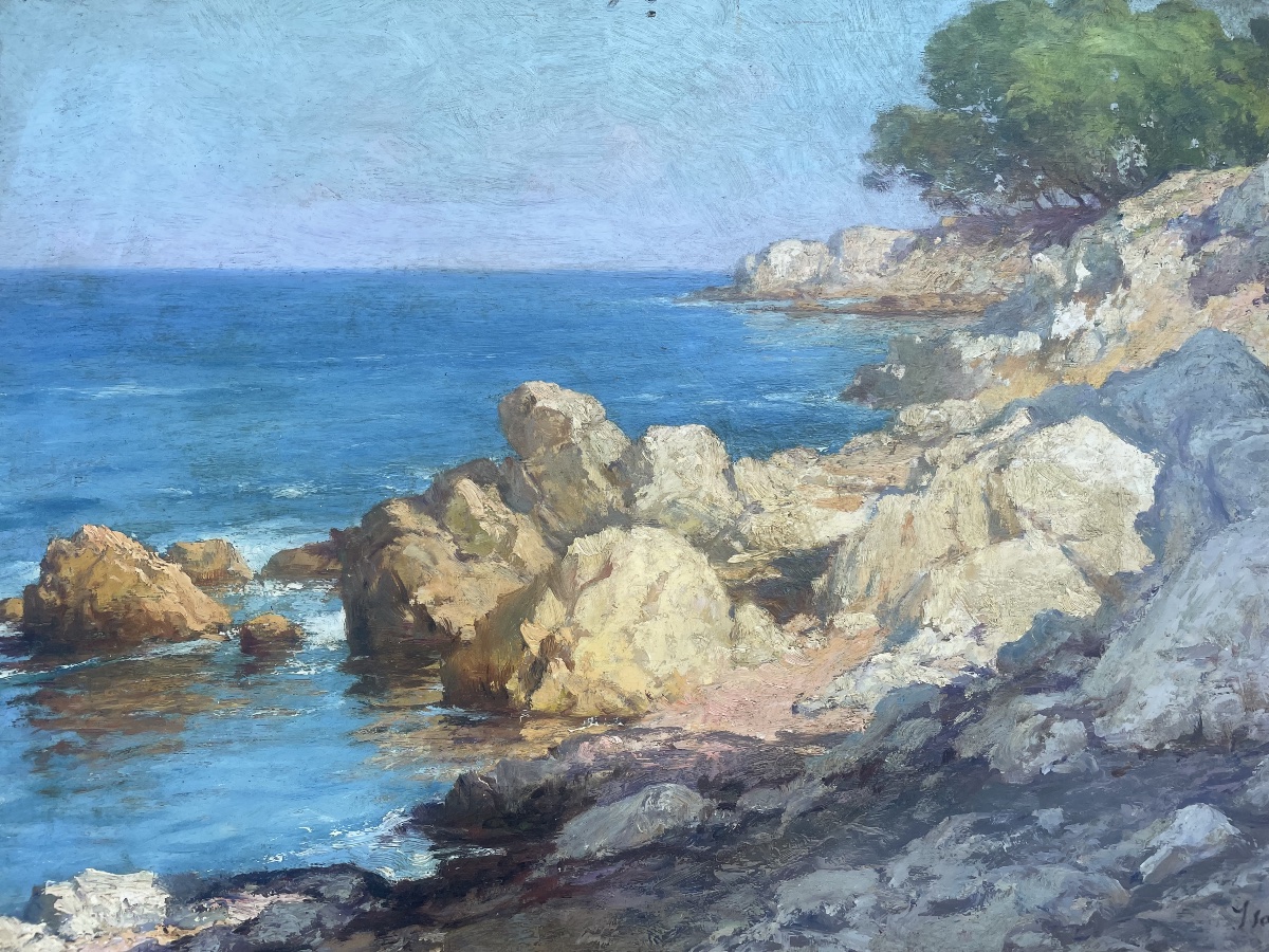Alexandre Isäiloff – Paysage côtier méditerranéen – Huile sur panneau-photo-2