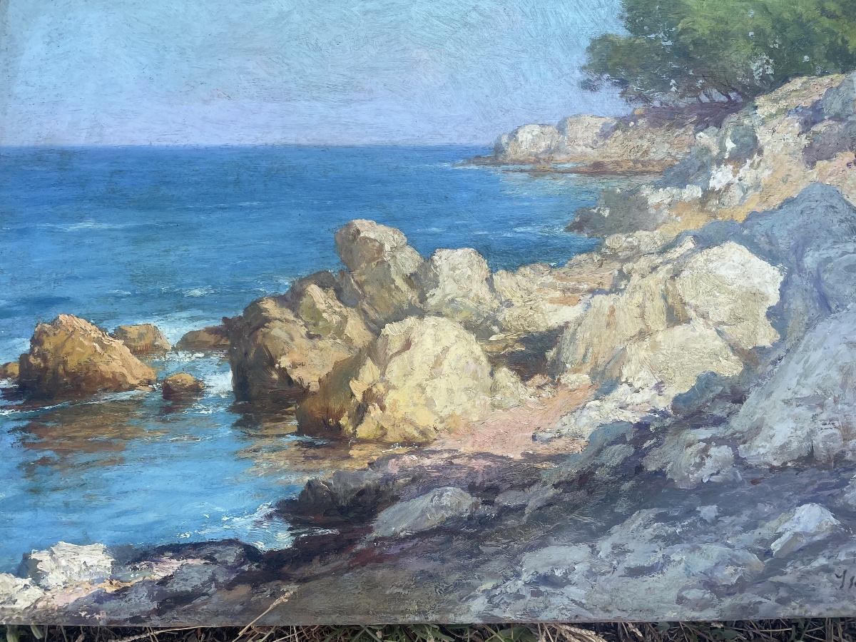 Alexandre Isäiloff – Paysage côtier méditerranéen – Huile sur panneau-photo-1