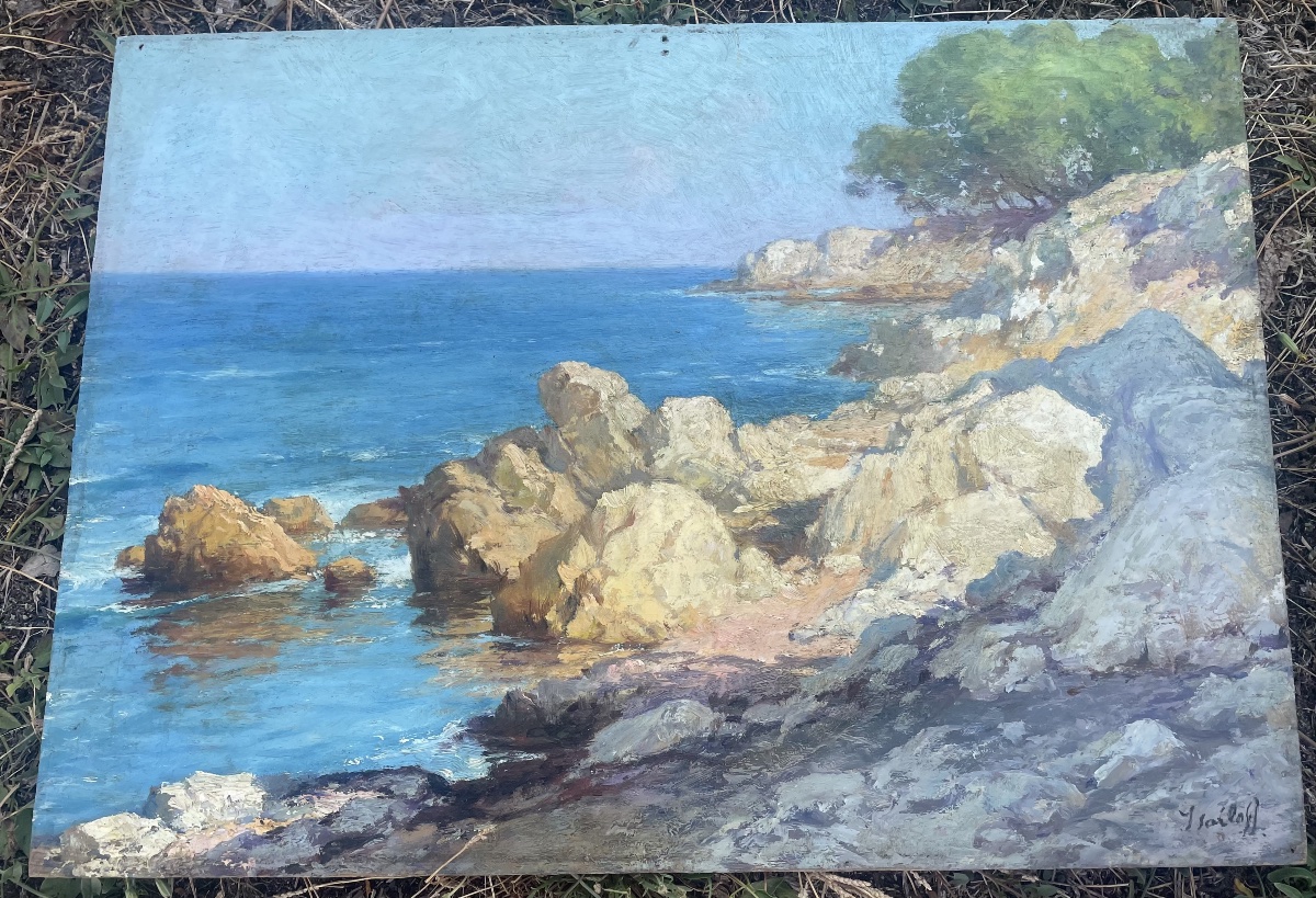 Alexandre Isäiloff – Paysage côtier méditerranéen – Huile sur panneau-photo-4