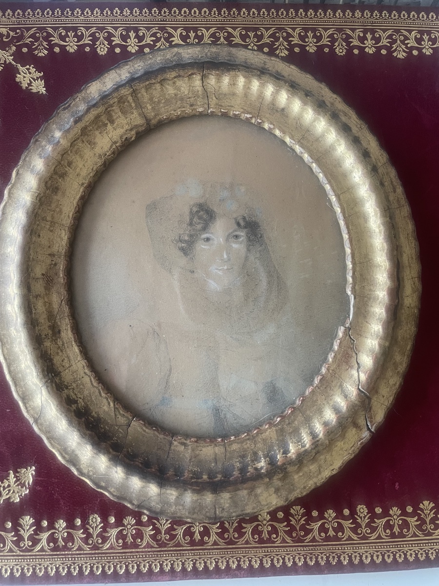 Antique Miniature Portrait Of A Woman – 19th-century Drawing & Period Gilded Oval Frame