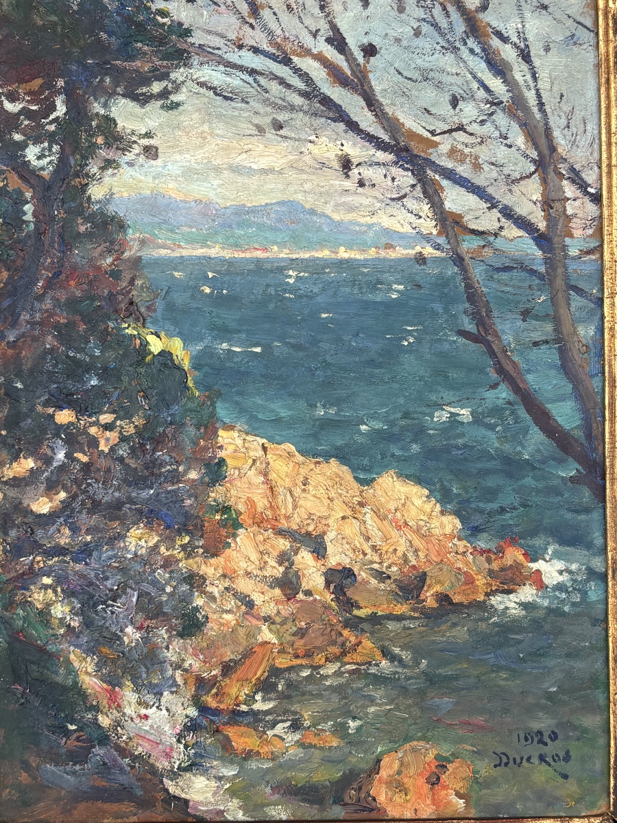 Tableau Huile sur Carton – Vue de Sanary (1920) Signé Édouard DUCLOS-photo-2