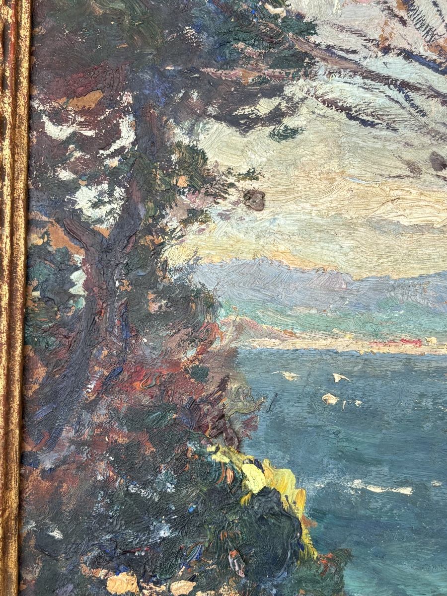 Tableau Huile sur Carton – Vue de Sanary (1920) Signé Édouard DUCLOS-photo-2
