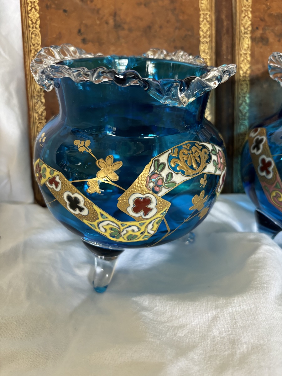 Paire de Vases Tripodes en Verre Bleu – Attribués à Auguste JEAN-photo-2