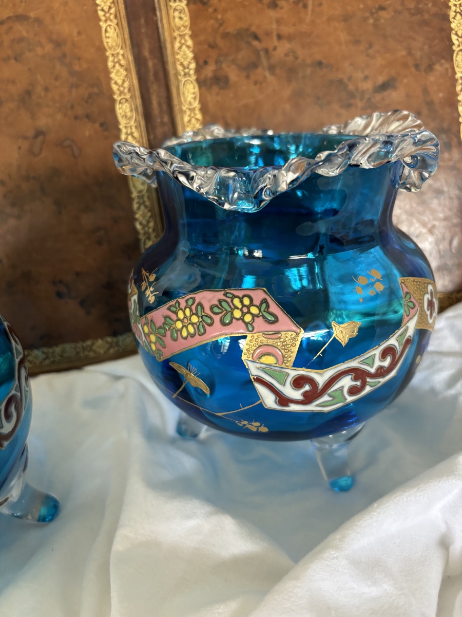 Paire de Vases Tripodes en Verre Bleu – Attribués à Auguste JEAN-photo-4