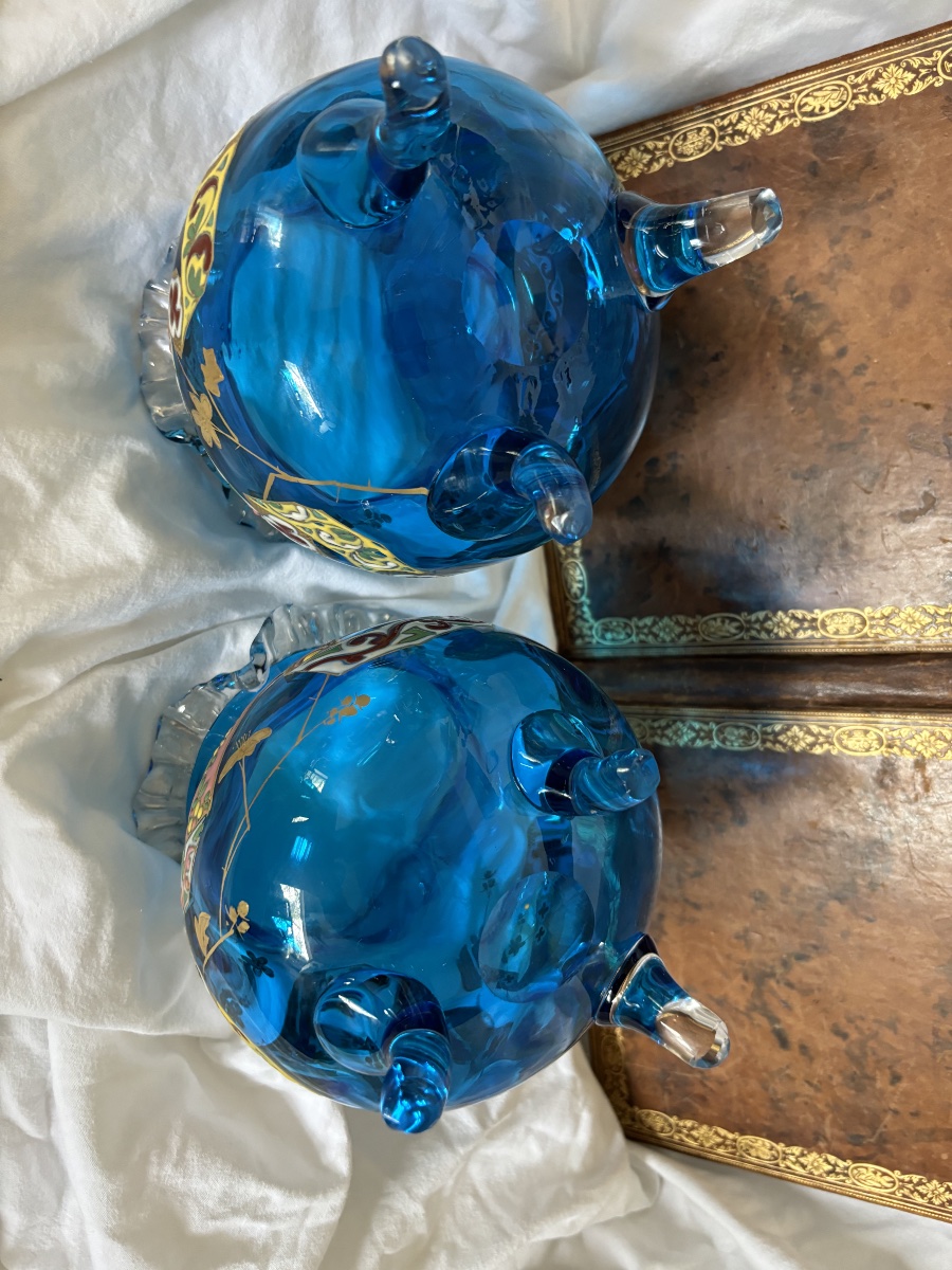 Paire de Vases Tripodes en Verre Bleu – Attribués à Auguste JEAN-photo-5