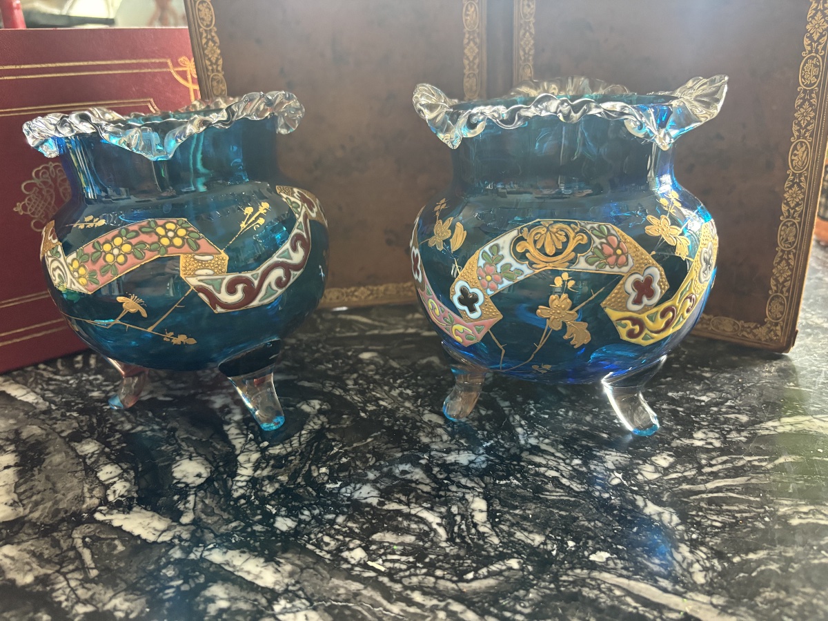 Pair Of Blue Glass Tripod Vases – Attributed To Auguste Jean-photo-7