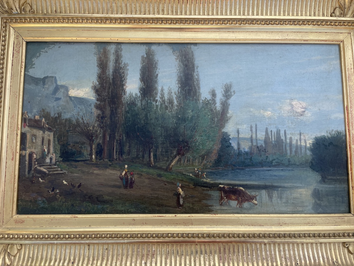Antique Painting, Oil On Panel – On The Banks Of The Seine, La Roche-guyon-photo-2