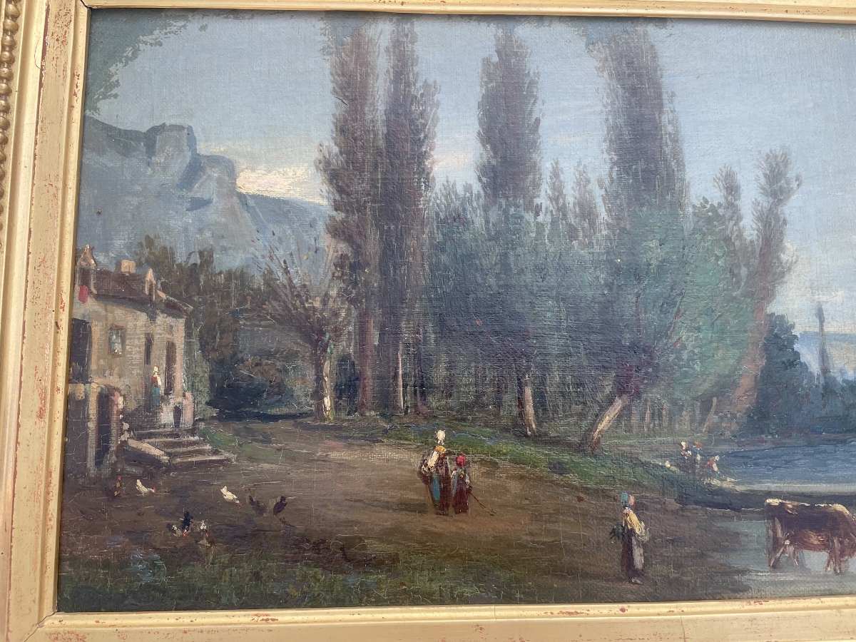Antique Painting, Oil On Panel – On The Banks Of The Seine, La Roche-guyon-photo-3
