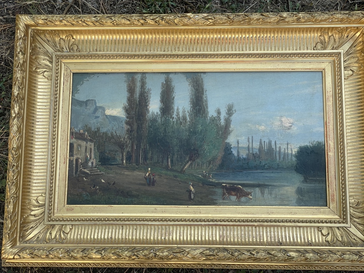 Antique Painting, Oil On Panel – On The Banks Of The Seine, La Roche-guyon-photo-4