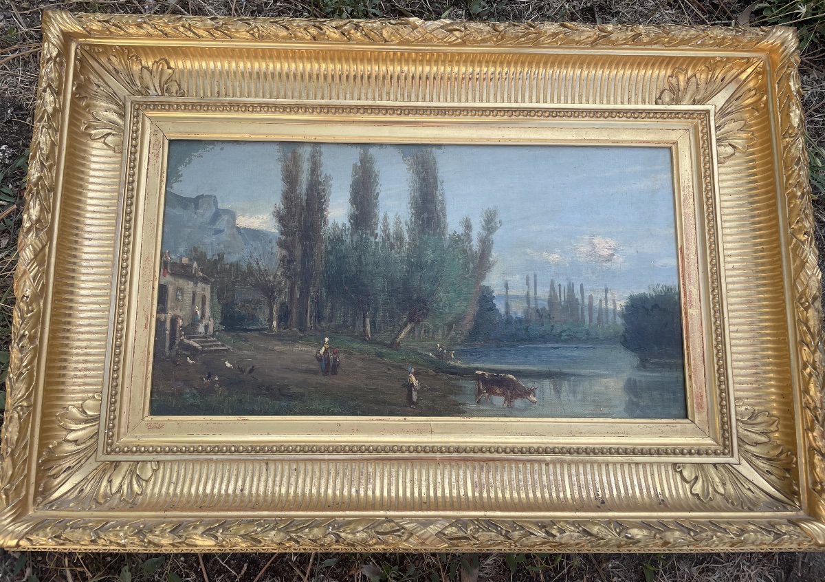 Antique Painting, Oil On Panel – On The Banks Of The Seine, La Roche-guyon-photo-1