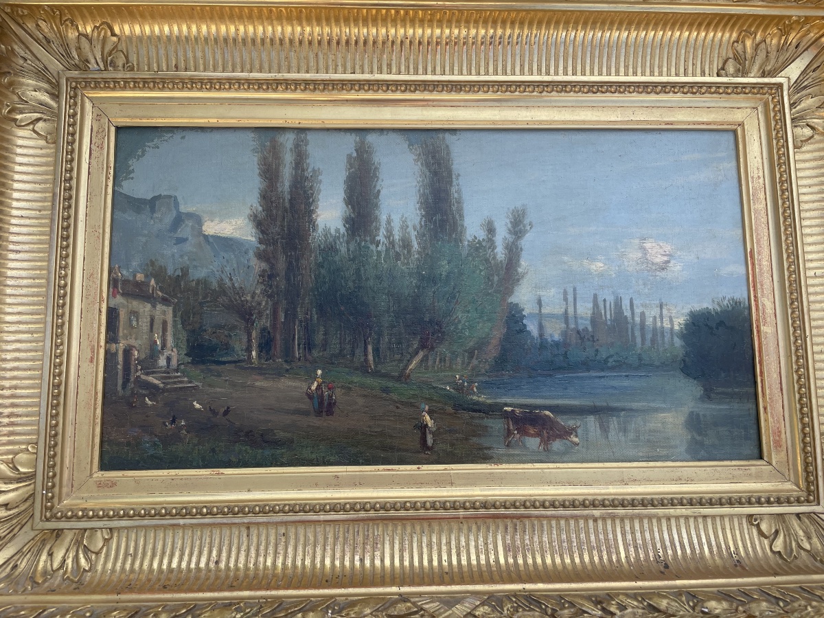 Antique Painting, Oil On Panel – On The Banks Of The Seine, La Roche-guyon-photo-3