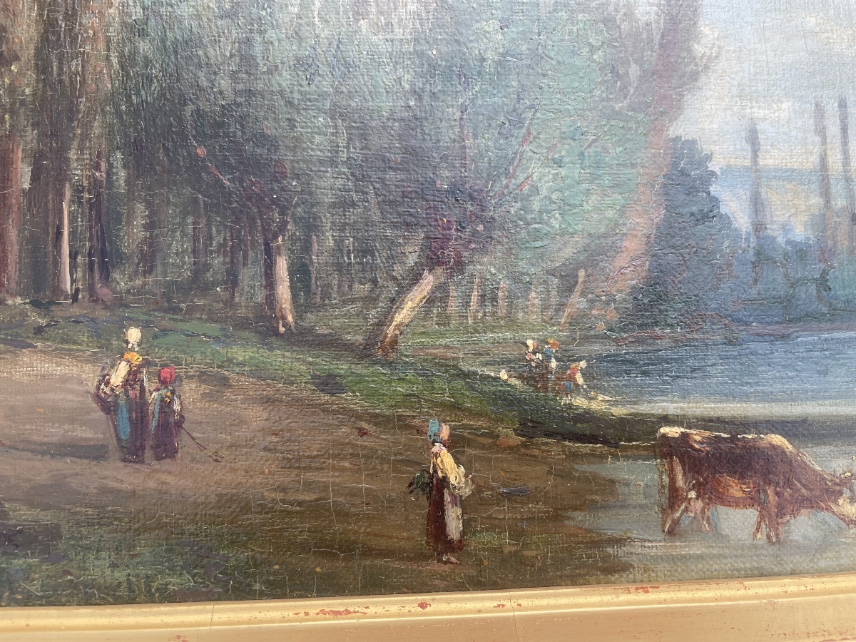 Antique Painting, Oil On Panel – On The Banks Of The Seine, La Roche-guyon-photo-4