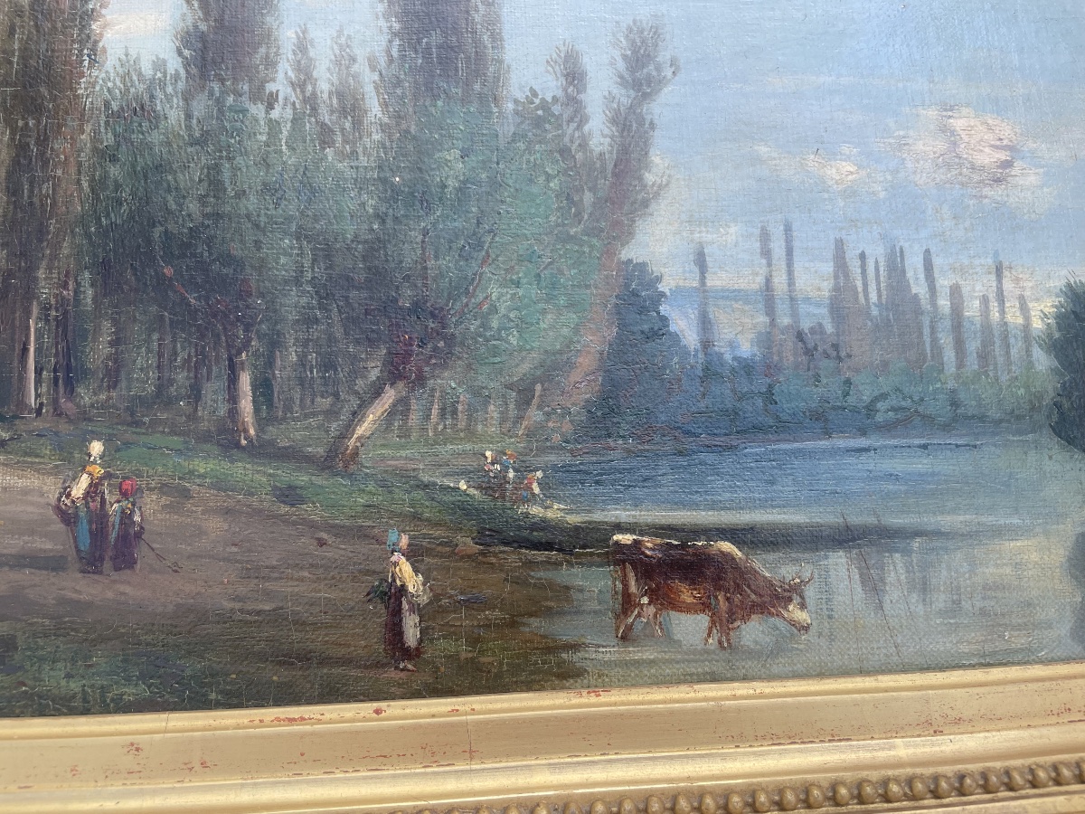 Antique Painting, Oil On Panel – On The Banks Of The Seine, La Roche-guyon-photo-7