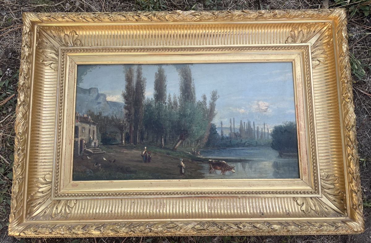 Antique Painting, Oil On Panel – On The Banks Of The Seine, La Roche-guyon